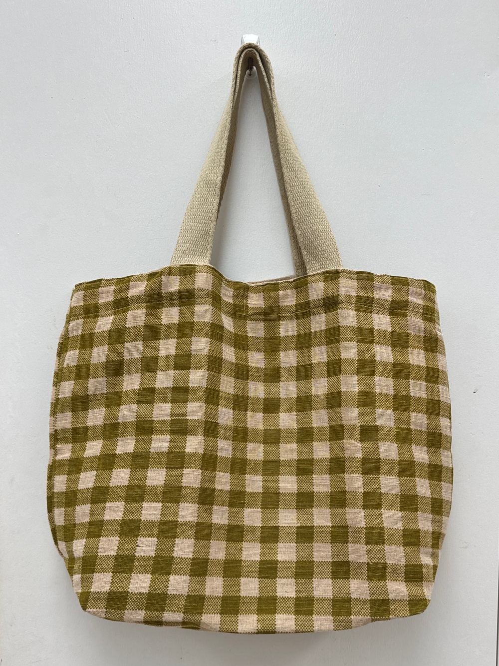 Gingham Cotton Jute Tote Bag in Green and Cream Cottagecore Cabincore Market Bag